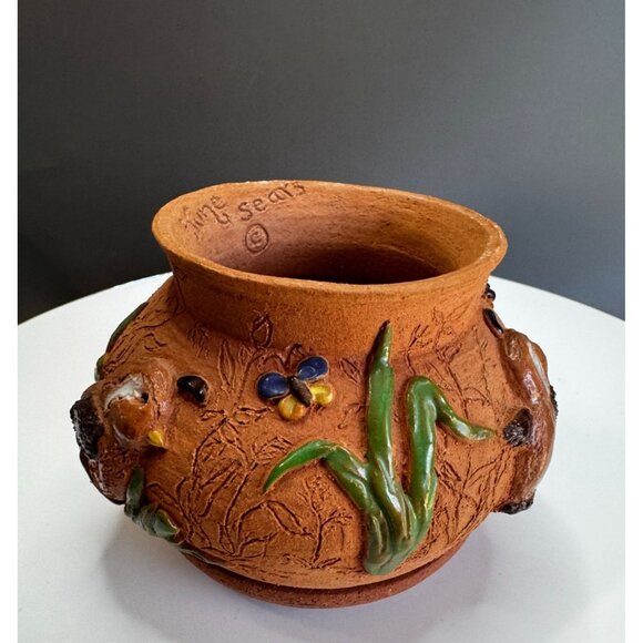 June Sears Signed Folk Art Pottery Planter Bird & Flower Design 4 1/4" Terracott - Picture 2 of 6
